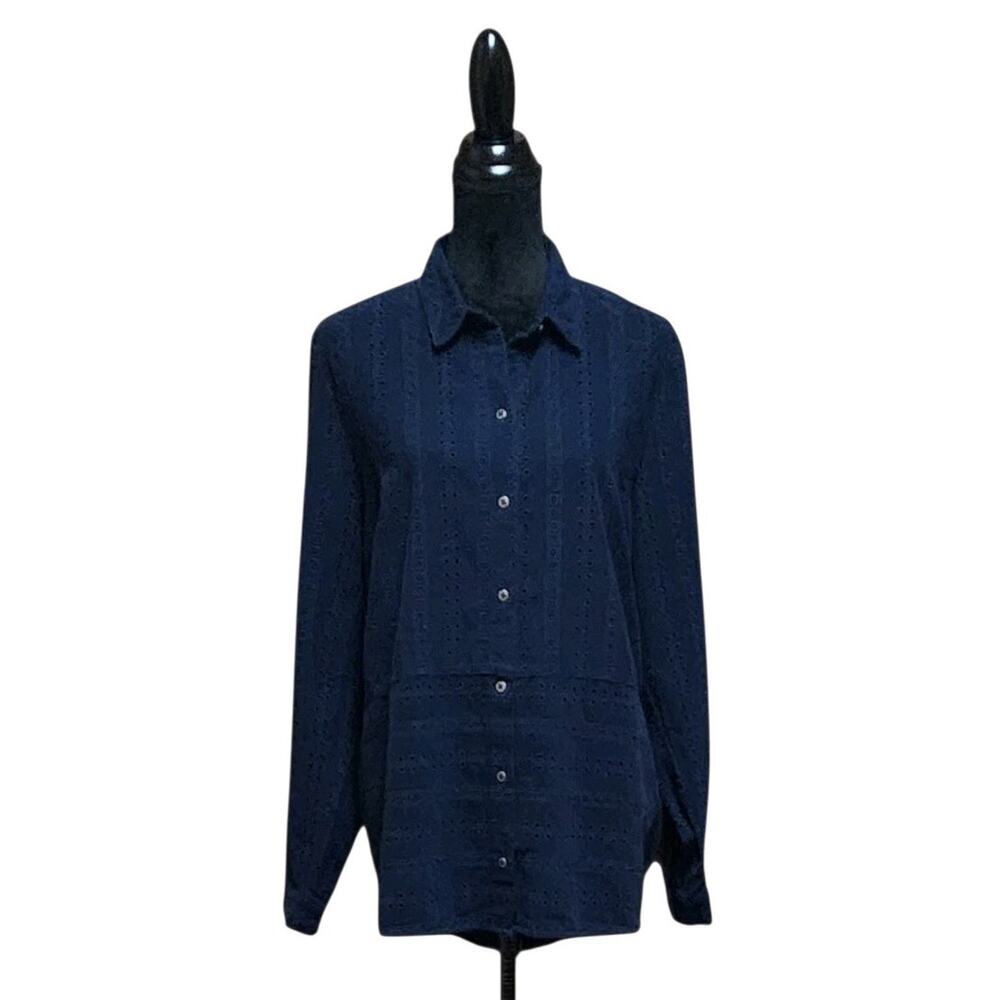 J. Jill Eyelet Long-Sleeve Womens Top Size XL Button Front Blue Collared Blouse
